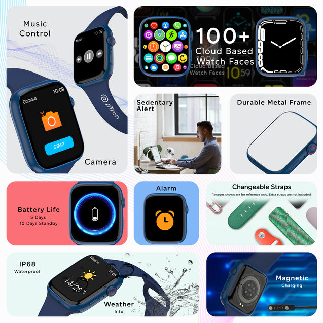 pTron Force X12S 1.85" Square Smartwatch with Bluetooth Calling, Full Touch Display, Functional Crown, Heart Rate Monitor, SpO2, Watch Faces, 5 Days Battery Life, Fitness Trackers & IP68 (Satin Blue)