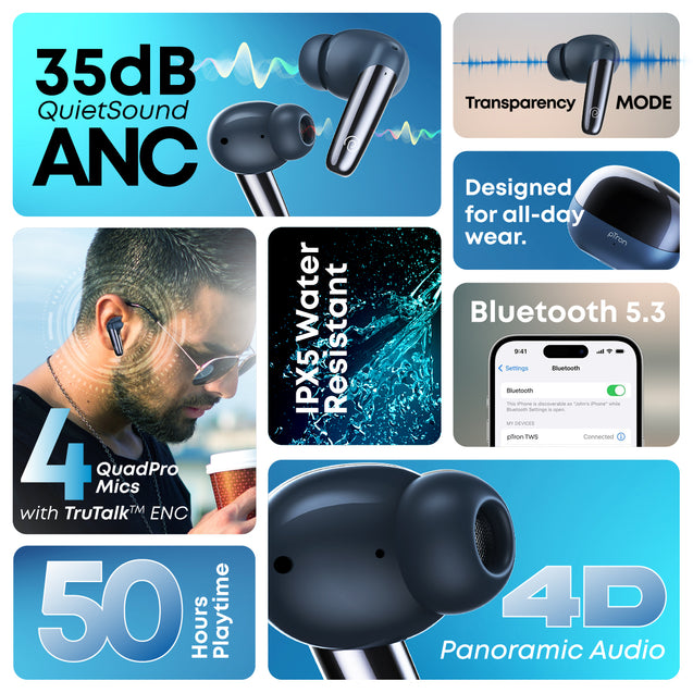 pTron Zenbuds Ultima ANC Earbuds, 35Db Quietsound ANC, 4 Quadpro Mics with Trutalk ENC Calls, 4D Panaromic Audio, Transparency Mode, 50Hrs Playtime, in Ear BT 5.3 Wireless Headphones & IPX5 (Blue)