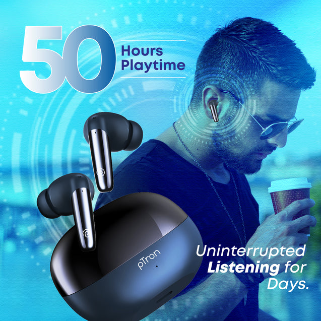 pTron Zenbuds Ultima ANC Earbuds, 35Db Quietsound ANC, 4 Quadpro Mics with Trutalk ENC Calls, 4D Panaromic Audio, Transparency Mode, 50Hrs Playtime, in Ear BT 5.3 Wireless Headphones & IPX5 (Blue)