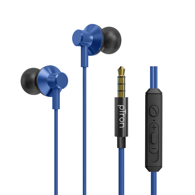 pTron Pride Lite in-Ear Wired in Ear Earphones with in-line Mic, 10mm Driver, Immersive Sound, Metal Buds, Compatible with 3.5mm Aux Port Device & 1.2m Tangle-Free Cable (Blue)