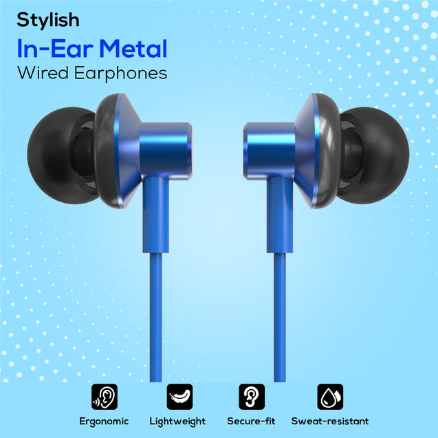pTron Pride Lite in-Ear Wired in Ear Earphones with in-line Mic, 10mm Driver, Immersive Sound, Metal Buds, Compatible with 3.5mm Aux Port Device & 1.2m Tangle-Free Cable (Blue)
