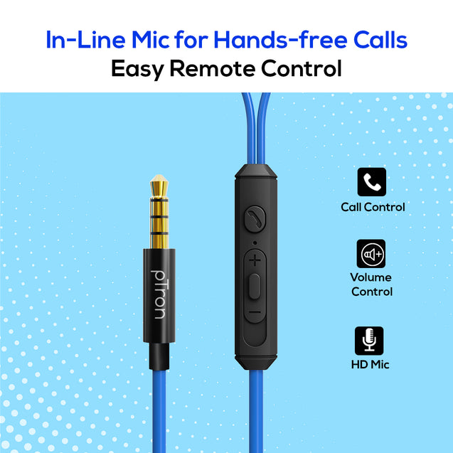 pTron Pride Lite in-Ear Wired in Ear Earphones with in-line Mic, 10mm Driver, Immersive Sound, Metal Buds, Compatible with 3.5mm Aux Port Device & 1.2m Tangle-Free Cable (Blue)