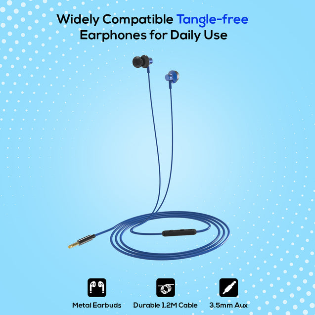 pTron Pride Lite in-Ear Wired in Ear Earphones with in-line Mic, 10mm Driver, Immersive Sound, Metal Buds, Compatible with 3.5mm Aux Port Device & 1.2m Tangle-Free Cable (Blue)