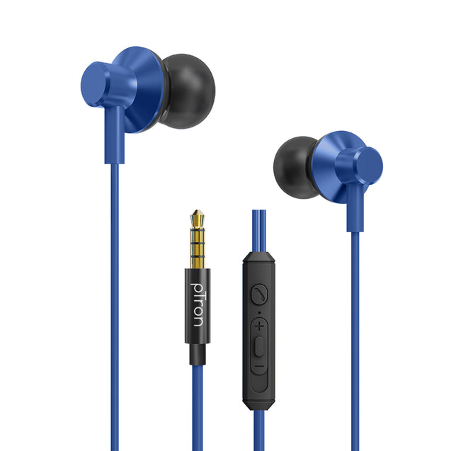 pTron Pride Lite in-Ear Wired in Ear Earphones with in-line Mic, 10mm Driver, Immersive Sound, Metal Buds, Compatible with 3.5mm Aux Port Device & 1.2m Tangle-Free Cable (Blue)