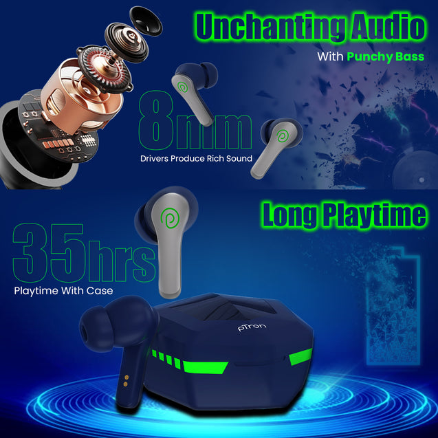 pTron Bassbuds Epic Bluetooth True Wireless in Ear Earbuds with Mic, Gaming 40ms Low Latency, 35Hrs Playtime, Deep Bass, ENC Stereo Call, BT5.3 Headphones, 1-Step Pairing, Voice Assist &amp; IPX4 (Blue)