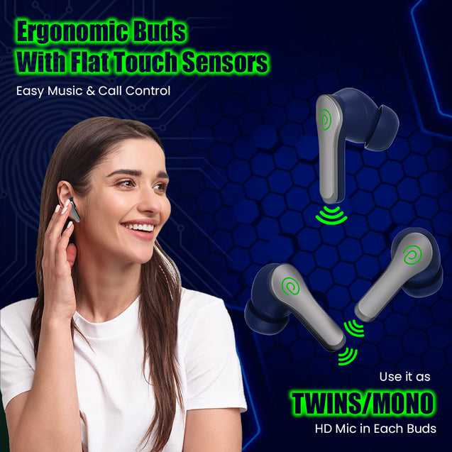 pTron Bassbuds Epic Bluetooth True Wireless in Ear Earbuds with Mic, Gaming 40ms Low Latency, 35Hrs Playtime, Deep Bass, ENC Stereo Call, BT5.3 Headphones, 1-Step Pairing, Voice Assist &amp; IPX4 (Blue)