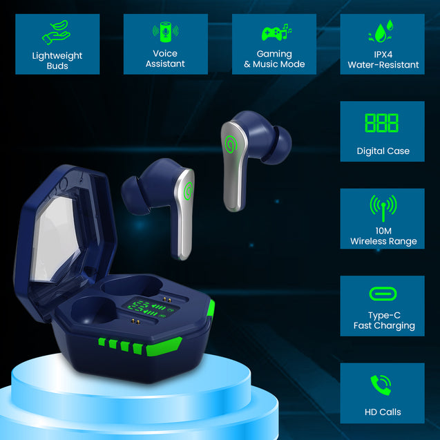 pTron Bassbuds Epic Bluetooth True Wireless in Ear Earbuds with Mic, Gaming 40ms Low Latency, 35Hrs Playtime, Deep Bass, ENC Stereo Call, BT5.3 Headphones, 1-Step Pairing, Voice Assist &amp; IPX4 (Blue)