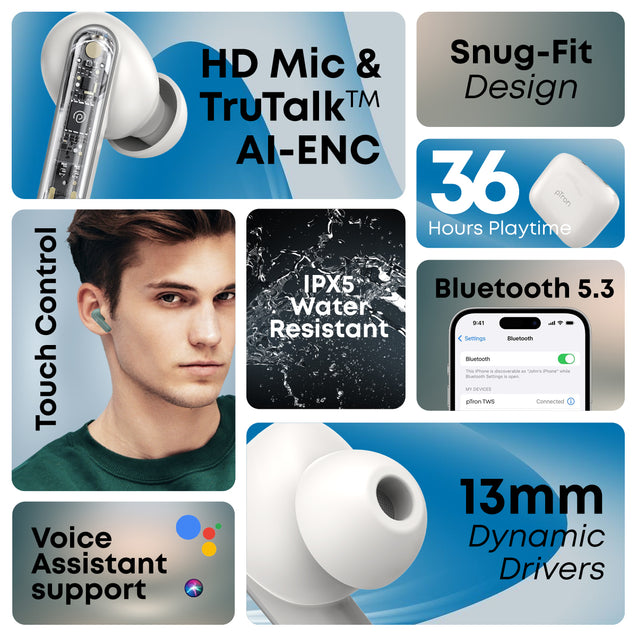 pTron Bassbuds Gomax TWS Earbuds, TruTalk AI-ENC Calls, 36Hrs Playtime, 13mm Drivers, in-Ear Bluetooth 5.3 Wireless Headphones, Voice Assistant, Type-C Fast Charging & IPX5 (White)