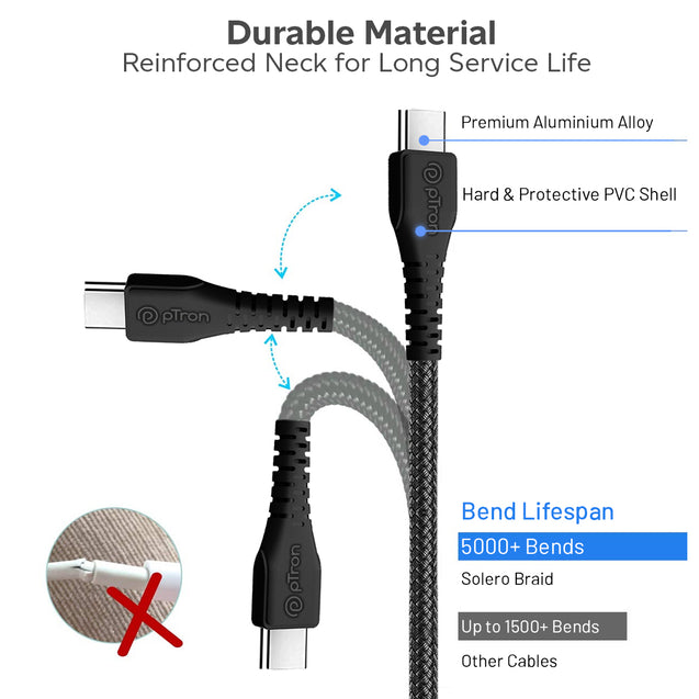 pTron Solero Braid 60W Type C Fast Charging Cable 1m for Samsung, OnePlus, Oppo, Vivo, Xiaomi, Realme, IQOO & Other Devices - Unbreakable Nylon Braid, 480Mbps Sync Speed (Black)