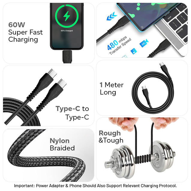 pTron Solero Braid 60W Type C Fast Charging Cable 1m for Samsung, OnePlus, Oppo, Vivo, Xiaomi, Realme, IQOO & Other Devices - Unbreakable Nylon Braid, 480Mbps Sync Speed (Black)