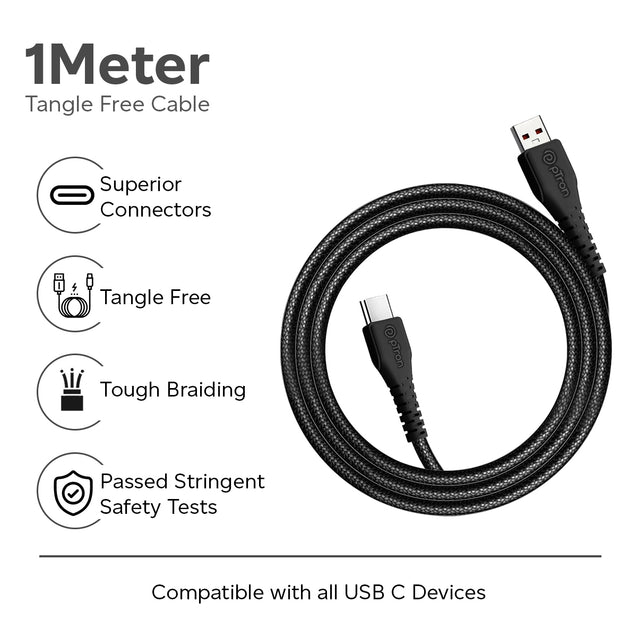 pTron Solero Braid 60W Fast Charging Type C 1m USB Cable for VOOC/Super VOOC/Dash/Warp/QC3.0/QC2.0 Smartphones & Other Type-C Devices, Unbreakable Nylon Braid & 480Mbps Data Sync Speed (Black)