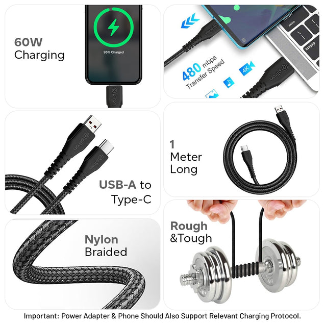 pTron Solero Braid 60W Fast Charging Type C 1m USB Cable for VOOC/Super VOOC/Dash/Warp/QC3.0/QC2.0 Smartphones & Other Type-C Devices, Unbreakable Nylon Braid & 480Mbps Data Sync Speed (Black)