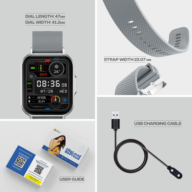 pTron Reflect Classic 2.01" Square Dial Smartwatch, Bluetooth Calling, Full Touch Display, 600 NITS, Metal Frame, 100+ Watch Faces, HR, SpO2, Voice Assist, 5 Days Battery Life & IP68 (Sterling Silver)