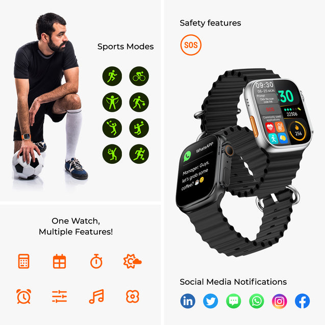 pTron Reflect Pro 1.85" Full Touch Display Smartwatch, Bluetooth Calling, 600 NITS, Digital Crown, Metal Frame, 100+ Watch Faces, HR, SpO2, Voice Assist, 5 Days Battery Life & IP68 (Sterling Silver)