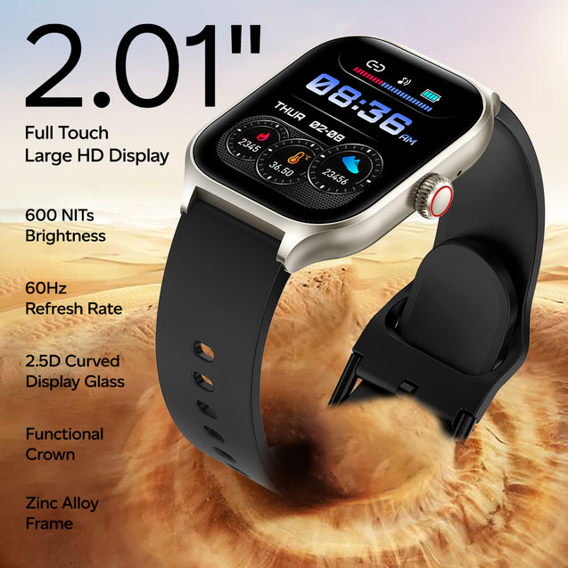 pTron Reflect MaxPro 2.01" Square Dial Smartwatch, Full Touch Display, Bluetooth Calling, Functional Crown, 600 NITS, 100+ Watch Faces, HR, SpO2, 5 Days Battery Life & IP68 Waterproof (Champagne Gold)