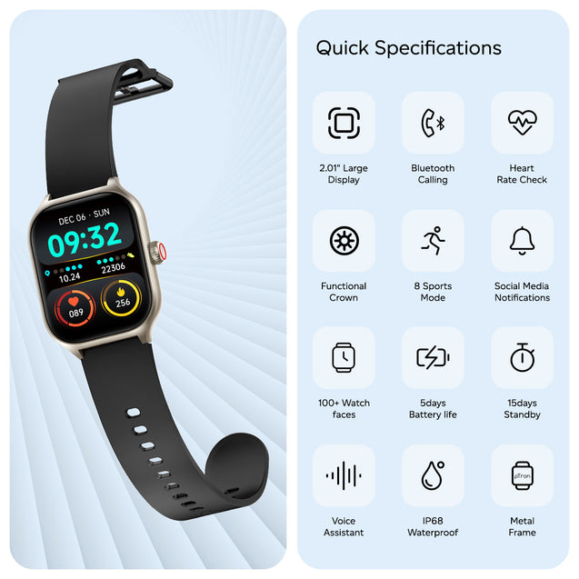 pTron Reflect MaxPro 2.01" Square Dial Smartwatch, Full Touch Display, Bluetooth Calling, Functional Crown, 600 NITS, 100+ Watch Faces, HR, SpO2, 5 Days Battery Life & IP68 Waterproof (Champagne Gold)
