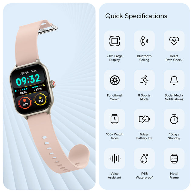pTron Reflect MaxPro 2.01" Square Dial Smartwatch, Full Touch Display, Bluetooth Calling, Functional Crown, 600 NITS, 100+ Watch Faces, HR, SpO2, 5 Days Battery Life & IP68 Waterproof (Light Pink)