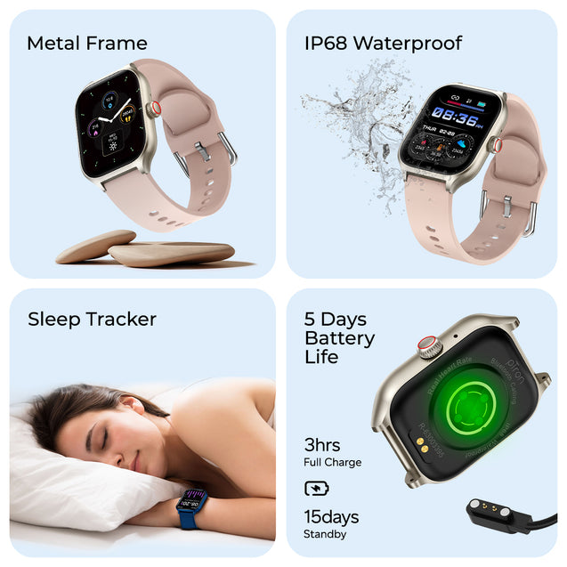 pTron Reflect MaxPro 2.01" Square Dial Smartwatch, Full Touch Display, Bluetooth Calling, Functional Crown, 600 NITS, 100+ Watch Faces, HR, SpO2, 5 Days Battery Life & IP68 Waterproof (Light Pink)