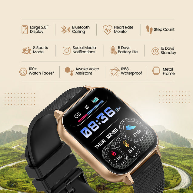 pTron Reflect Classic 2.01" Square Dial Smartwatch, Bluetooth Calling, Full Touch Display, 600 NITS, Metal Frame, 100+ Watch Faces, HR, SpO2, Voice Assist, 5 Days Battery Life & IP68 (Champagne Gold)