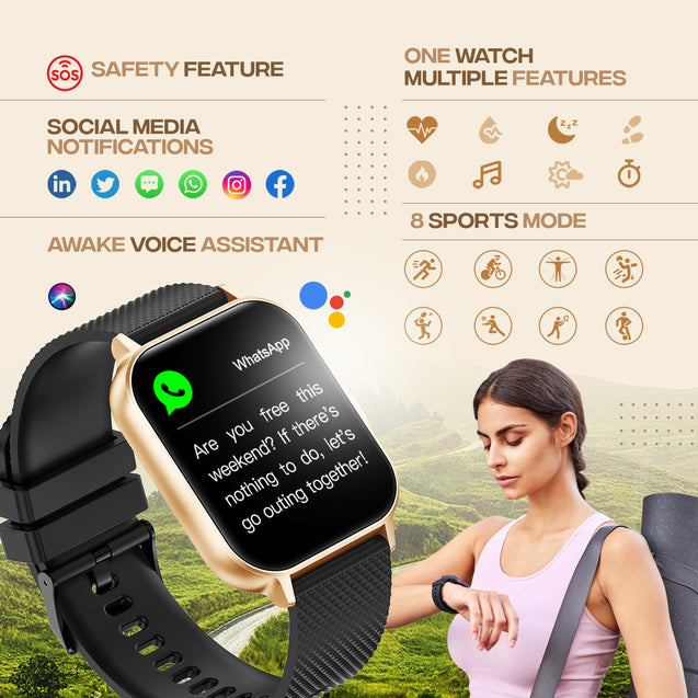 pTron Reflect Classic 2.01" Square Dial Smartwatch, Bluetooth Calling, Full Touch Display, 600 NITS, Metal Frame, 100+ Watch Faces, HR, SpO2, Voice Assist, 5 Days Battery Life & IP68 (Champagne Gold)
