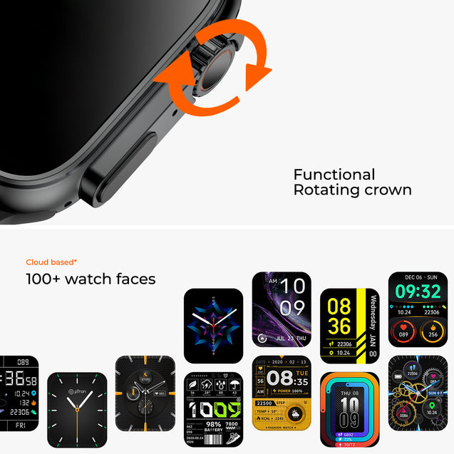 pTron Reflect Pro 1.85" Full Touch Display Smartwatch, Bluetooth Calling, 600 NITS, Digital Crown, Metal Frame, 100+ Watch Faces, HR, SpO2, Voice Assist, 5 Days Battery Life & IP68 (Jet Black)
