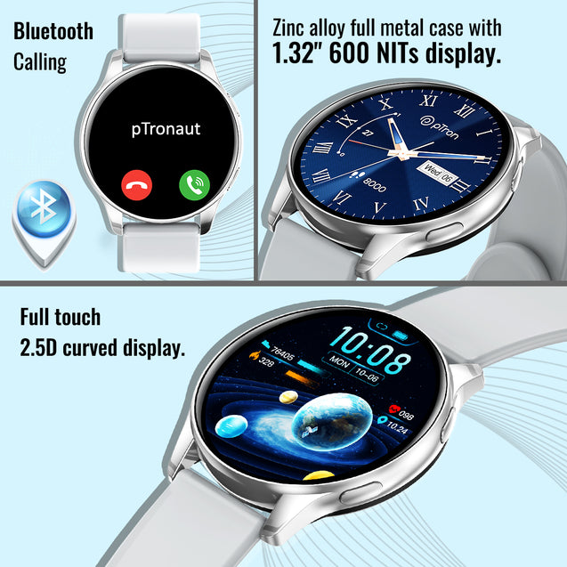 pTron Reflect Flash 1.32" Round Dial Smartwatch, Bluetooth Calling, Full Touch Display, 600 NITS, Metal Frame, 100+ Watch Faces, Heart-Rate, SpO2, IP68, Voice Assist & 5 Days Battery Life (Sterling Silver)