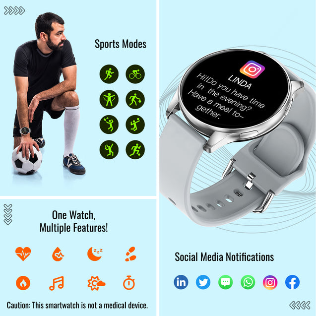pTron Reflect Flash 1.32" Round Dial Smartwatch, Bluetooth Calling, Full Touch Display, 600 NITS, Metal Frame, 100+ Watch Faces, Heart-Rate, SpO2, IP68, Voice Assist & 5 Days Battery Life (Sterling Silver)