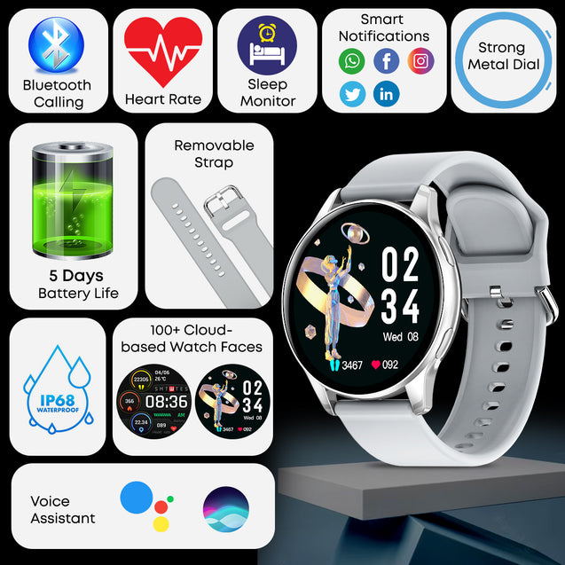 pTron Reflect Flash 1.32" Round Dial Smartwatch, Bluetooth Calling, Full Touch Display, 600 NITS, Metal Frame, 100+ Watch Faces, Heart-Rate, SpO2, IP68, Voice Assist & 5 Days Battery Life (Sterling Silver)