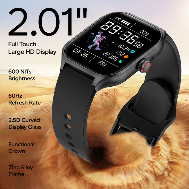 pTron Reflect MaxPro 2.01" Square Dial Smartwatch, Full Touch Display, Bluetooth Calling, Functional Crown, 600 NITS, 100+ Watch Faces, HR, SpO2, 5 Days Battery Life & IP68 Waterproof (Satin Black)