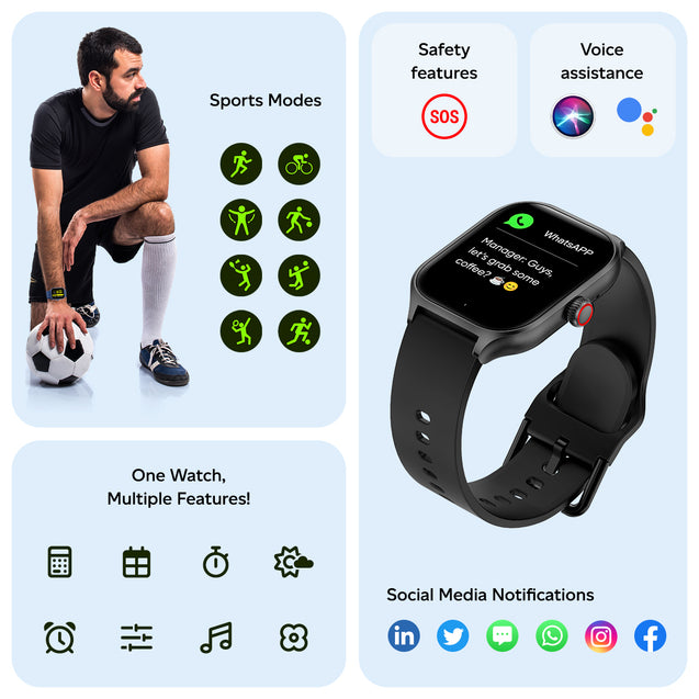 pTron Reflect MaxPro 2.01" Square Dial Smartwatch, Full Touch Display, Bluetooth Calling, Functional Crown, 600 NITS, 100+ Watch Faces, HR, SpO2, 5 Days Battery Life & IP68 Waterproof (Satin Black)