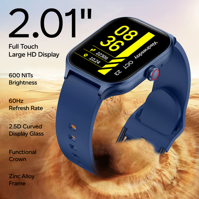 pTron Reflect MaxPro 2.01" Square Dial Smartwatch, Full Touch Display, Bluetooth Calling, Functional Crown, 600 NITS, 100+ Watch Faces, HR, SpO2, 5 Days Battery Life & IP68 Waterproof (Satin Blue)