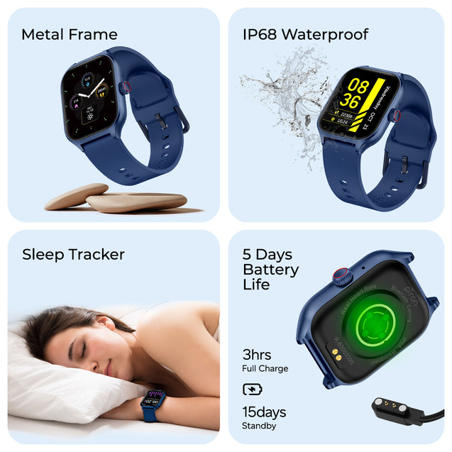 pTron Reflect MaxPro 2.01" Square Dial Smartwatch, Full Touch Display, Bluetooth Calling, Functional Crown, 600 NITS, 100+ Watch Faces, HR, SpO2, 5 Days Battery Life & IP68 Waterproof (Satin Blue)
