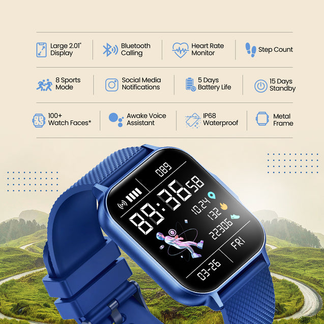 pTron Reflect Classic 2.01" Square Dial Smartwatch, Bluetooth Calling, Full Touch Display, 600 NITS, Metal Frame, 100+ Watch Faces, HR, SpO2, Voice Assist, 5 Days Battery Life & IP68 (Satin Blue)