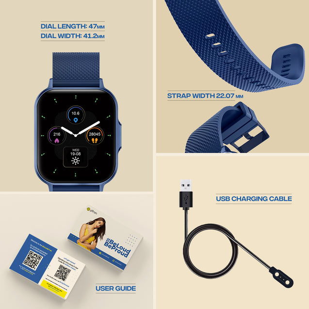pTron Reflect Classic 2.01" Square Dial Smartwatch, Bluetooth Calling, Full Touch Display, 600 NITS, Metal Frame, 100+ Watch Faces, HR, SpO2, Voice Assist, 5 Days Battery Life & IP68 (Satin Blue)