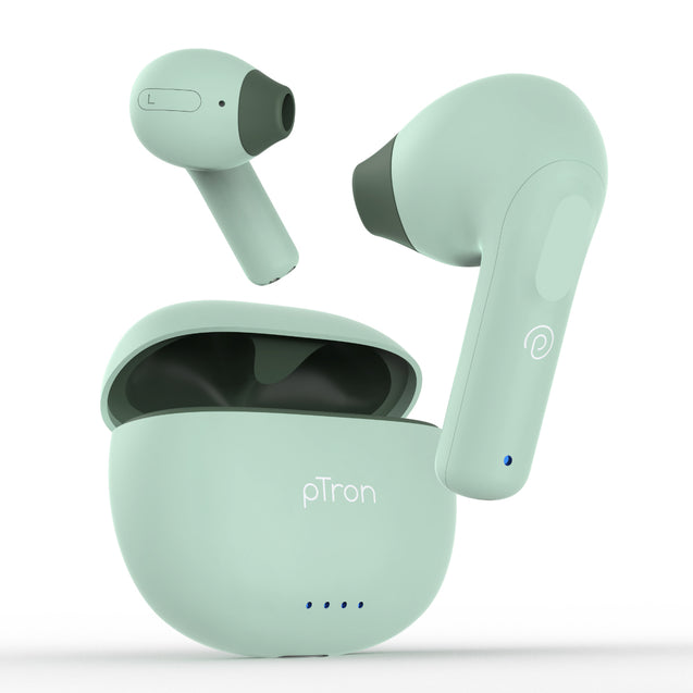 pTron Bassbuds NX in Ear TWS Earbuds, TruTalk AI-ENC Calls, 32Hrs Playtime, 13mm Drivers, Bluetooth 5.3 Wireless Headphone, Voice Assistant, Type-C Fast Charging & IPX5 Water Resistant (Green)
