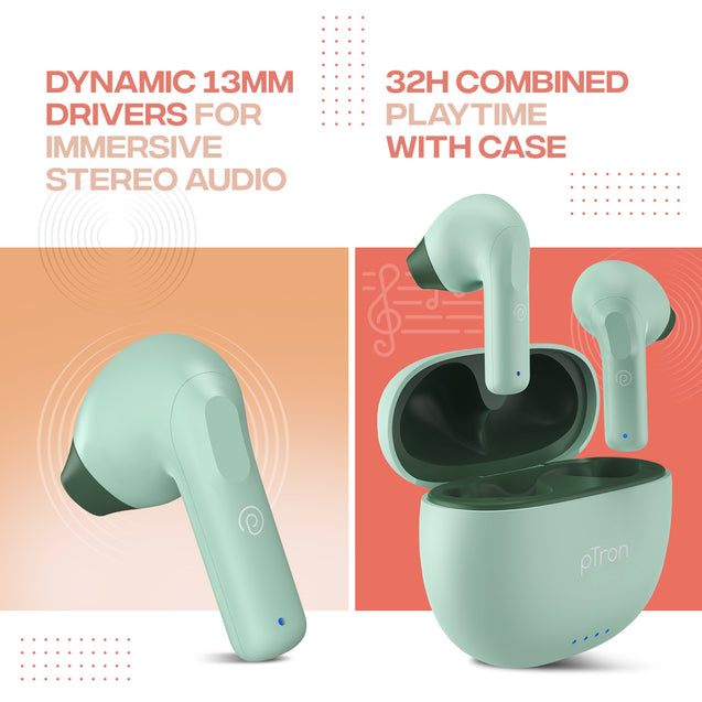 pTron Bassbuds NX in Ear TWS Earbuds, TruTalk AI-ENC Calls, 32Hrs Playtime, 13mm Drivers, Bluetooth 5.3 Wireless Headphone, Voice Assistant, Type-C Fast Charging & IPX5 Water Resistant (Green)
