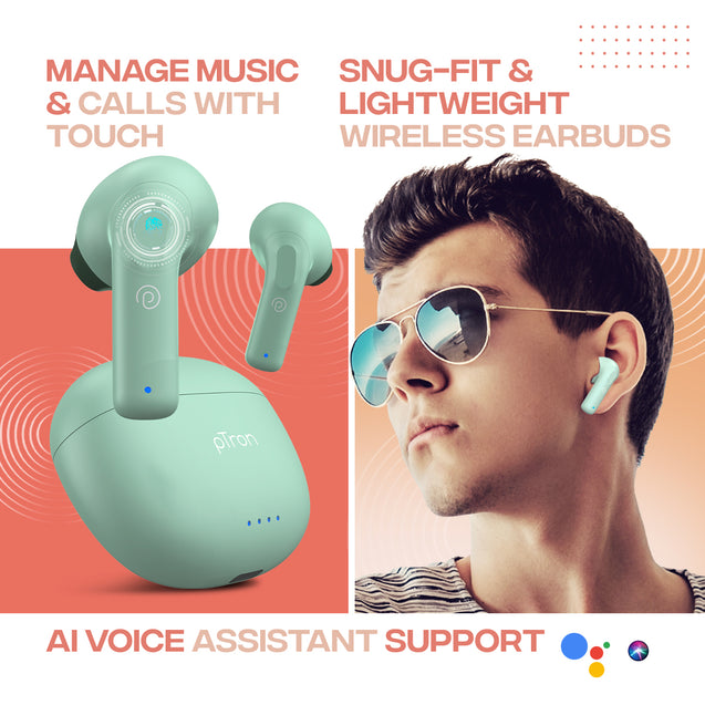 pTron Bassbuds NX in Ear TWS Earbuds, TruTalk AI-ENC Calls, 32Hrs Playtime, 13mm Drivers, Bluetooth 5.3 Wireless Headphone, Voice Assistant, Type-C Fast Charging & IPX5 Water Resistant (Green)