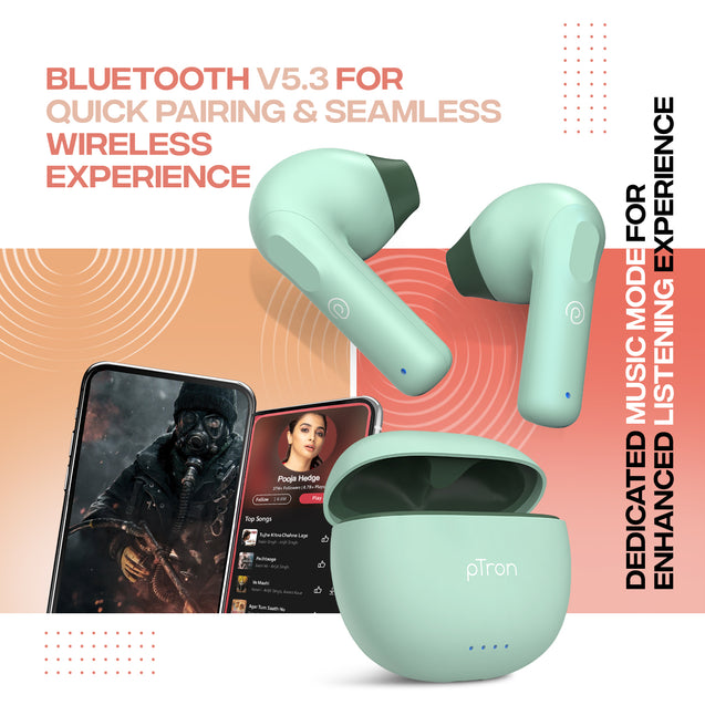 pTron Bassbuds NX in Ear TWS Earbuds, TruTalk AI-ENC Calls, 32Hrs Playtime, 13mm Drivers, Bluetooth 5.3 Wireless Headphone, Voice Assistant, Type-C Fast Charging & IPX5 Water Resistant (Green)