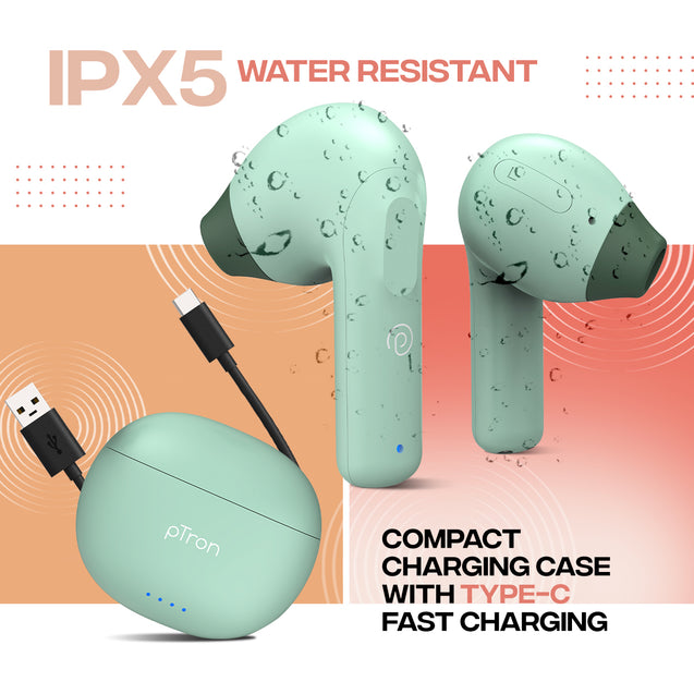 pTron Bassbuds NX in Ear TWS Earbuds, TruTalk AI-ENC Calls, 32Hrs Playtime, 13mm Drivers, Bluetooth 5.3 Wireless Headphone, Voice Assistant, Type-C Fast Charging & IPX5 Water Resistant (Green)