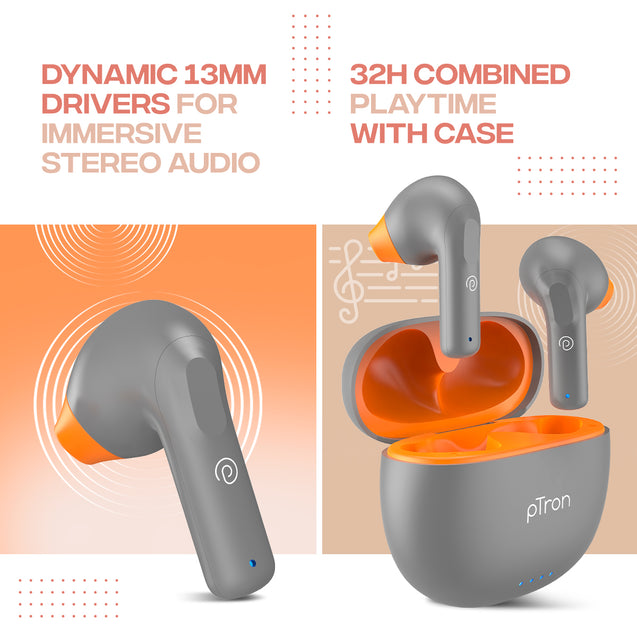 pTron Bassbuds NX in Ear TWS Earbuds, TruTalk AI-ENC Calls, 32Hrs Playtime, 13mm Drivers, Bluetooth 5.3 Wireless Headphone, Voice Assistant, Type-C Fast Charging & IPX5 Water Resistant (Grey)