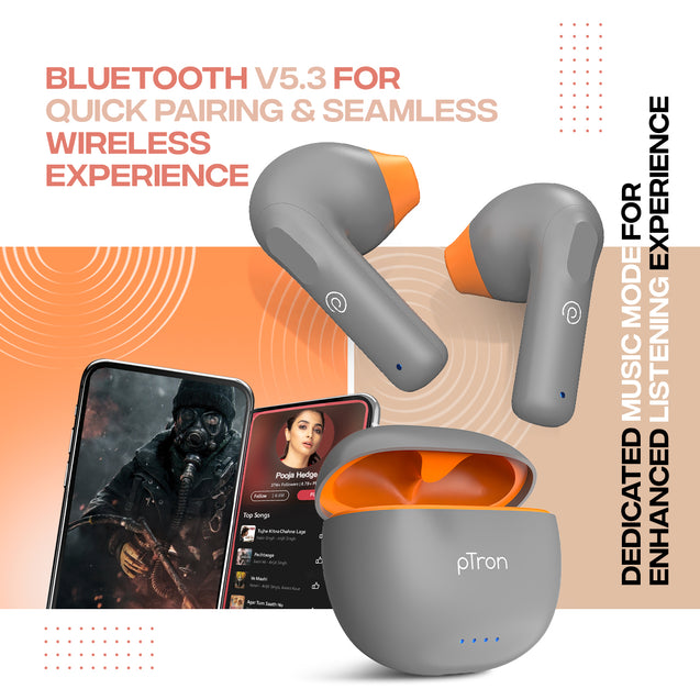 pTron Bassbuds NX in Ear TWS Earbuds, TruTalk AI-ENC Calls, 32Hrs Playtime, 13mm Drivers, Bluetooth 5.3 Wireless Headphone, Voice Assistant, Type-C Fast Charging & IPX5 Water Resistant (Grey)