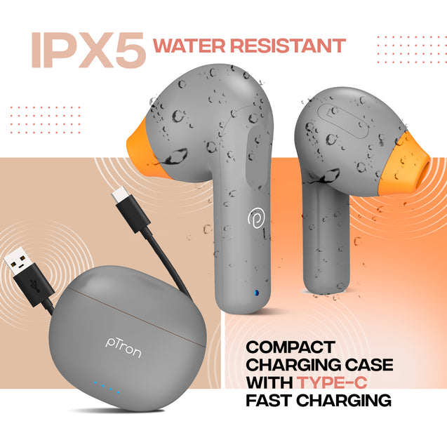 pTron Bassbuds NX in Ear TWS Earbuds, TruTalk AI-ENC Calls, 32Hrs Playtime, 13mm Drivers, Bluetooth 5.3 Wireless Headphone, Voice Assistant, Type-C Fast Charging & IPX5 Water Resistant (Grey)