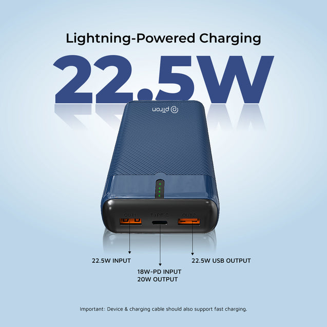 pTron Dynamo Surge 20000mAh 22.5W Fast Charging Power Bank, Supports VOOC/Wrap/Dash USB Charging, 20W PD Fast Charging, 3 Outputs, 1 Input & Multiple Layers of Protection (Blue)