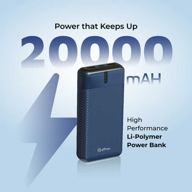 pTron Dynamo Surge 20000mAh 22.5W Fast Charging Power Bank, Supports VOOC/Wrap/Dash USB Charging, 20W PD Fast Charging, 3 Outputs, 1 Input & Multiple Layers of Protection (Blue)