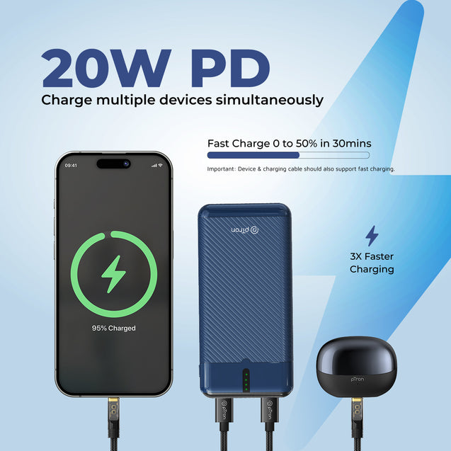 pTron Dynamo Surge 20000mAh 22.5W Fast Charging Power Bank, Supports VOOC/Wrap/Dash USB Charging, 20W PD Fast Charging, 3 Outputs, 1 Input & Multiple Layers of Protection (Blue)