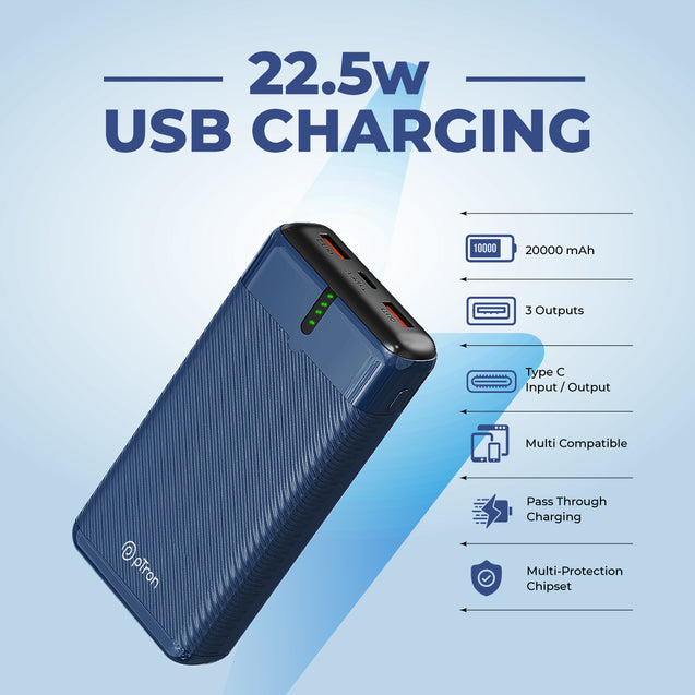pTron Dynamo Surge 20000mAh 22.5W Fast Charging Power Bank, Supports VOOC/Wrap/Dash USB Charging, 20W PD Fast Charging, 3 Outputs, 1 Input & Multiple Layers of Protection (Blue)