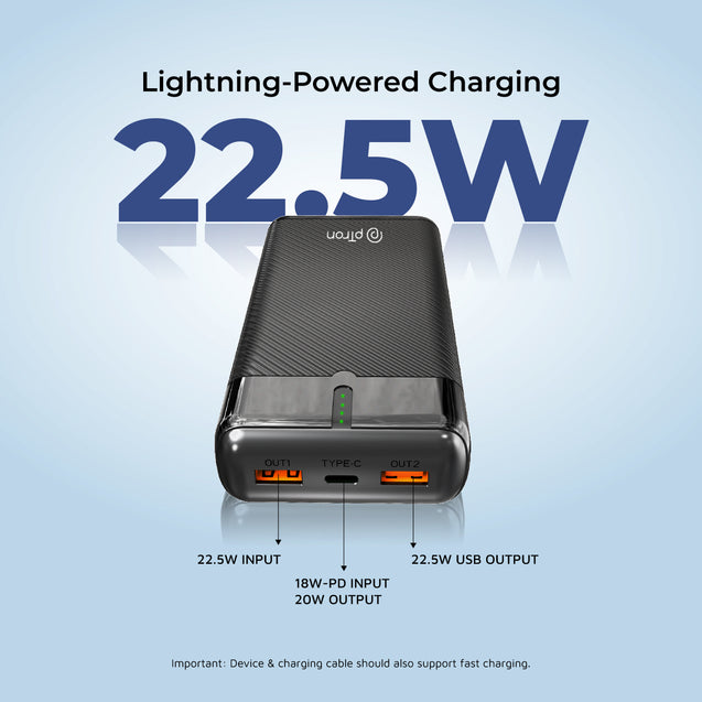 pTron Dynamo Surge 20000mAh 22.5W Fast Charging Power Bank, Supports VOOC/Wrap/Dash USB Charging, 20W PD Fast Charging, 3 Outputs, 1 Input & Multiple Layers of Protection (Black)