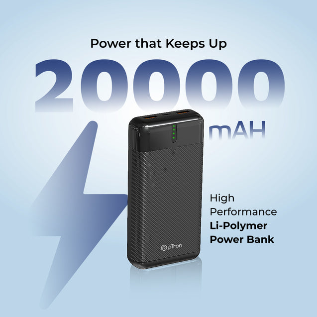 pTron Dynamo Surge 20000mAh 22.5W Fast Charging Power Bank, Supports VOOC/Wrap/Dash USB Charging, 20W PD Fast Charging, 3 Outputs, 1 Input & Multiple Layers of Protection (Black)