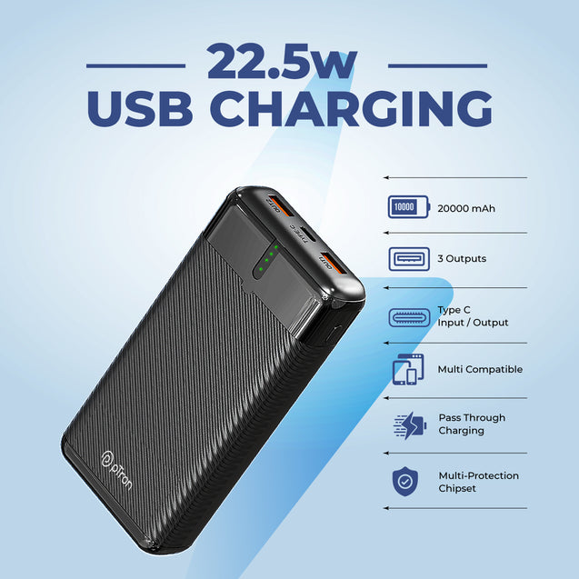 pTron Dynamo Surge 20000mAh 22.5W Fast Charging Power Bank, Supports VOOC/Wrap/Dash USB Charging, 20W PD Fast Charging, 3 Outputs, 1 Input & Multiple Layers of Protection (Black)