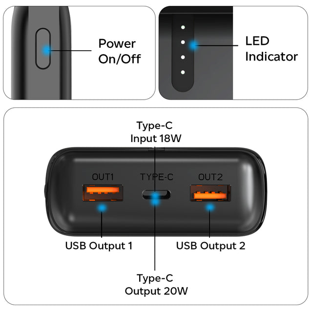 pTron Dynamo Surge 20000mAh 22.5W Fast Charging Power Bank, Supports VOOC/Wrap/Dash USB Charging, 20W PD Fast Charging, 3 Outputs, 1 Input & Multiple Layers of Protection (Black)